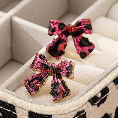 Bowknot with Leopard Print Alloy Stud Earrings