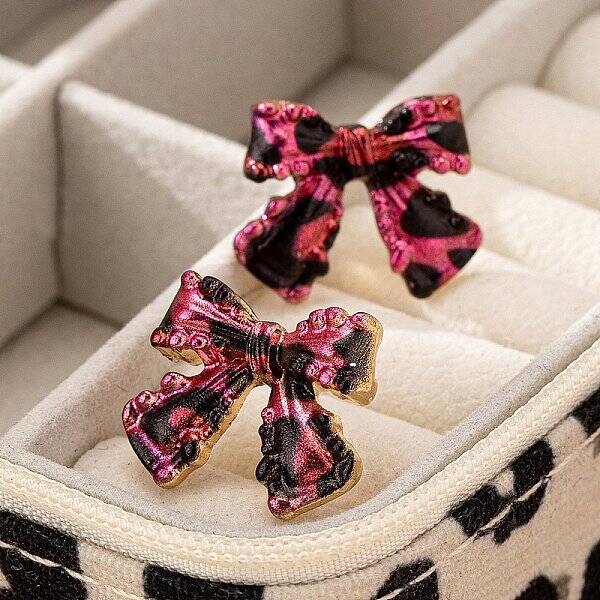 Bowknot with Leopard Print Alloy Stud Earrings