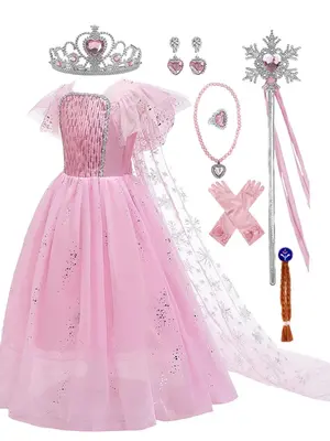 Girl's Princess Costume Set, Sequin Tulle Puff Sleeve Dress with All Accessories, Party Wear, Suitable for Christmas, Hallowe...