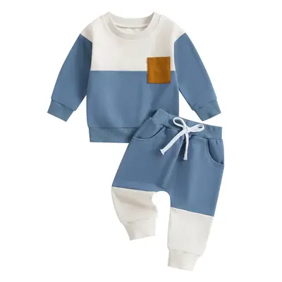 Toddler Baby Boy Fall Winter Clothes Color Block Long Sleeve Sweatshirt Pullover Tops Joggers Pants Outfit Tracksuit Set