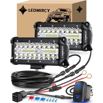 7 Inch LED Triple Beam Light Bar Kit with Rocker Switch, 2PCS 24000LM White LED Pod Lights, IP68 Waterproof Off Road for Truc...