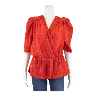 Sheer Plunge Neck Red Wrap Top L