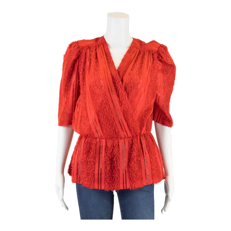 Sheer Plunge Neck Red Wrap Top L