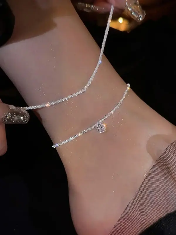 Women's Elegant Rhinestone Sparkle Decorated Adjustable Anklet (2counts/set), Exquisite Trendy Anklet, Fashionable Body Jewel...