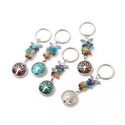 Flat Round with Tree of Life Natural & Synthetic Mixed Stone Chips & Brass Pendant Keychain