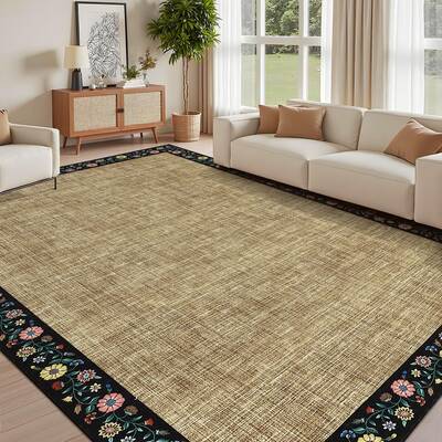 Garvee Bordered Yellow 8x10 Washable Floral Bordered Area Rug Non-Slip Stain Resistant Polyester Low Pile Lightweight Foldabl...