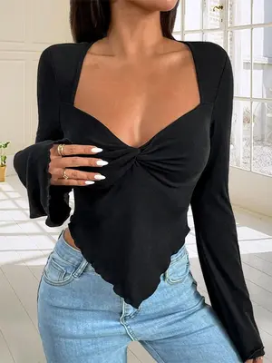 Women's Plain Twist High Low Lettuce Trim Flounce Sleeve Tee, Elegant Solid Sweetheart Neck Long Sleeve T-Shirt for Daily Vac...