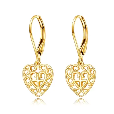 14K Gold Cross & Heart Drop Earrings
