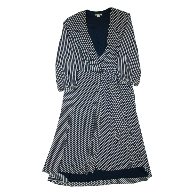 WHISTLES Womens Wrap Dress Blue Striped Long Sleeve Midi L
