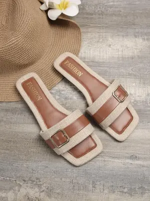 Women's Fashionable Plain Color Square Toe Pu Leather Slippers, Casual Comfortable Slippers for Summer, Non-slip Buckle Desig...