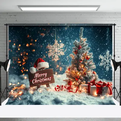 Light Bokeh Snowy Night Tree Merry Christmas Backdrop - Aperturee