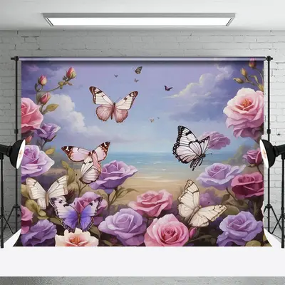 Oil Painting Colorful Rose Butterfly Spring Backdrop - Aperturee