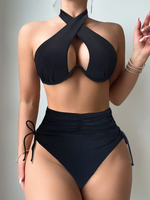 Stylish Black Halter - Neck Crisscross Bikini Set with Ruched High - Waist Bottoms