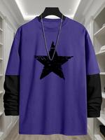 Men's Star Print 2 in 1 Long Sleeve Tee, Casual Comfy Loose Streetwear Round Neck T-shirt for Daily Wear, Men's Top for All ...