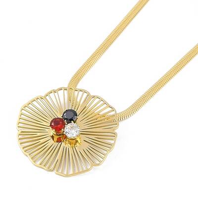 Ion Plating(IP) 304 Stainless Steel Pave Colorful Cubic Zirconia Flat Snake Chain Flower Pendant Necklaces for Women