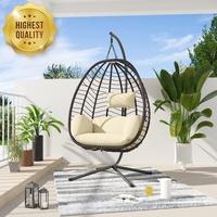 Egg Swing Chair with Stand - 350lbs Capacity, Indoor/Outdoor Wicker Rattan, Grey Cushions - Perfect for Bedroom, Balcony, Gar...