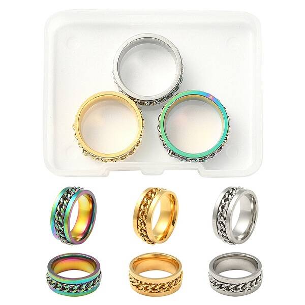 3Pcs 3 Colors 201 Stainless Steel Curb Chain Finger Rings Set for Women