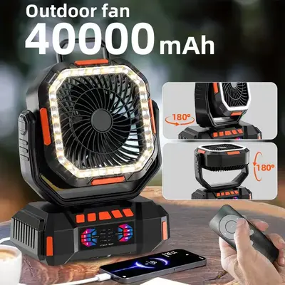 40000mAh Portable Camping Fan Battery Powered, Rechargeable Camping Fan with Remote & LED Light, 4 Speed Strong Airflow & 3 C...