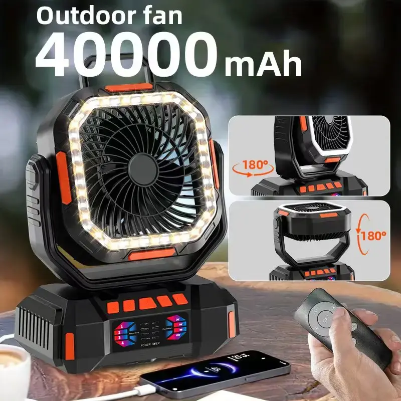 40000mAh Portable Camping Fan Battery Powered, Rechargeable Camping Fan with Remote & LED Light, 4 Speed Strong Airflow & 3 C...