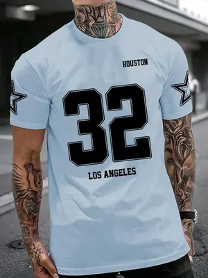 Unisex Men's Graphic Round Neck Tee, Loose Casual Street Number & Star Print Short Sleeve T-Shirt for Summer, Fashion Men's ...