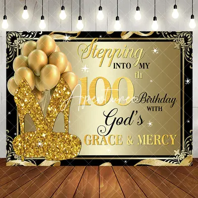 Gold Glitter Heels Stepping into 100th Birthday Backdrop - Aperturee