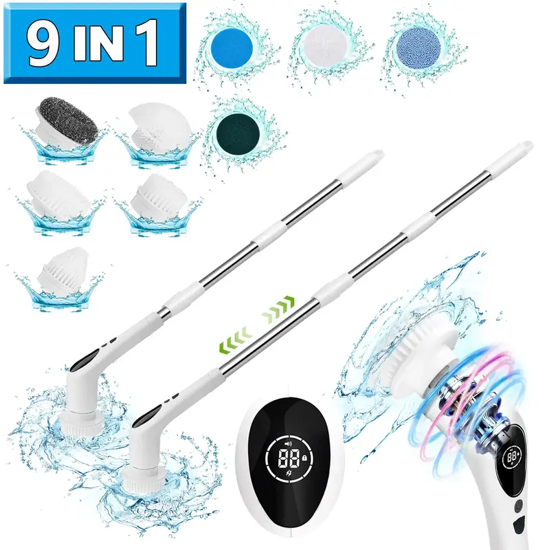 Cordless Electric Spin Scrubber 3 Adjustable Extension Handles for Bathroom, Kitchen, Tub, Tile, Floor, Toilet, and Household...
