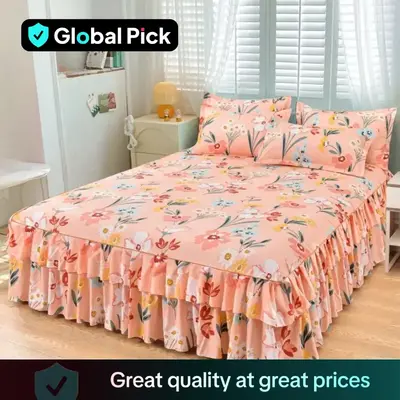 Floral Print Ruffled Edge Bed Skirt Set, 3 Counts/set Bed Skirt & Pillowcase without Filler, Versatile Use Bed Sheet Sets, Ch...
