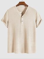 Men's Solid Knit Henley Curved Hem Waffle Knit Tee, Regular Fit Casual Short Sleeve T-shirt for Summer, Men's Top for Daily W...