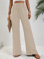 Women's Solid Color Pocket Wideleg Pants, Casual Loose Comfy Drawstring Waist Trousers for Summer, Women's Baggy Bottoms for ...