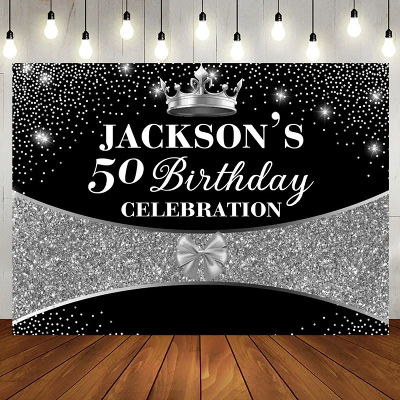 Aperturee Black Silver Glitter Crown 50Th Birthday Backdrop | Simple Backdrop For Birthday | Custom Birthday Backdrops | Cake...