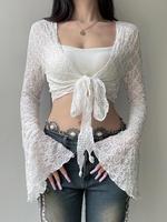 Women's Floral Lace Tie Front Crop Tee, Y2K Fashion Casual Long Sleeve Top for Daily Outdoor Wear, Women Clothing for Summer,...