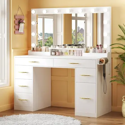 Makeup Vanity Desk with Lights, Vanity Desk with Large Mirror, White Vanity with Outlets Large Drawers & Storage Dresser, 3 L...