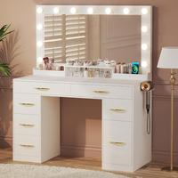 Makeup Vanity Desk with Lights, Vanity Desk with Large Mirror, White Vanity with Outlets Large Drawers & Storage Dresser, 3 L...