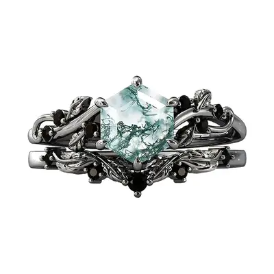 Sterling Silver with Black Color Plated Moss Agate & Personalized Engraving Ivy Engagement Ring