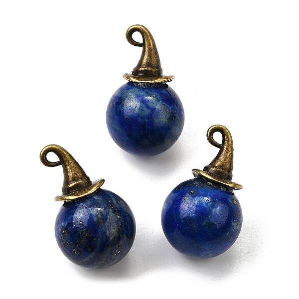 Natural Lapis Lazuli Round Pendants with Alloy Witch Hat
