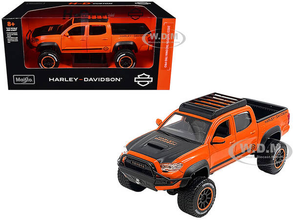 2023 Toyota Tacoma TRD Pro Pickup Truck Harley Davidson Orange and Black with Roof Rack H-D Custom Series 1/24 Diecast Mo...