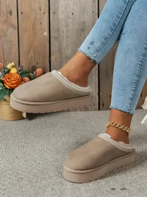 Women's Solid Color Plush Lined Slippers, Casual Soft Comfortable Home Slippers, Fluffy Bedroom Slippers for Fall & Winter, W...