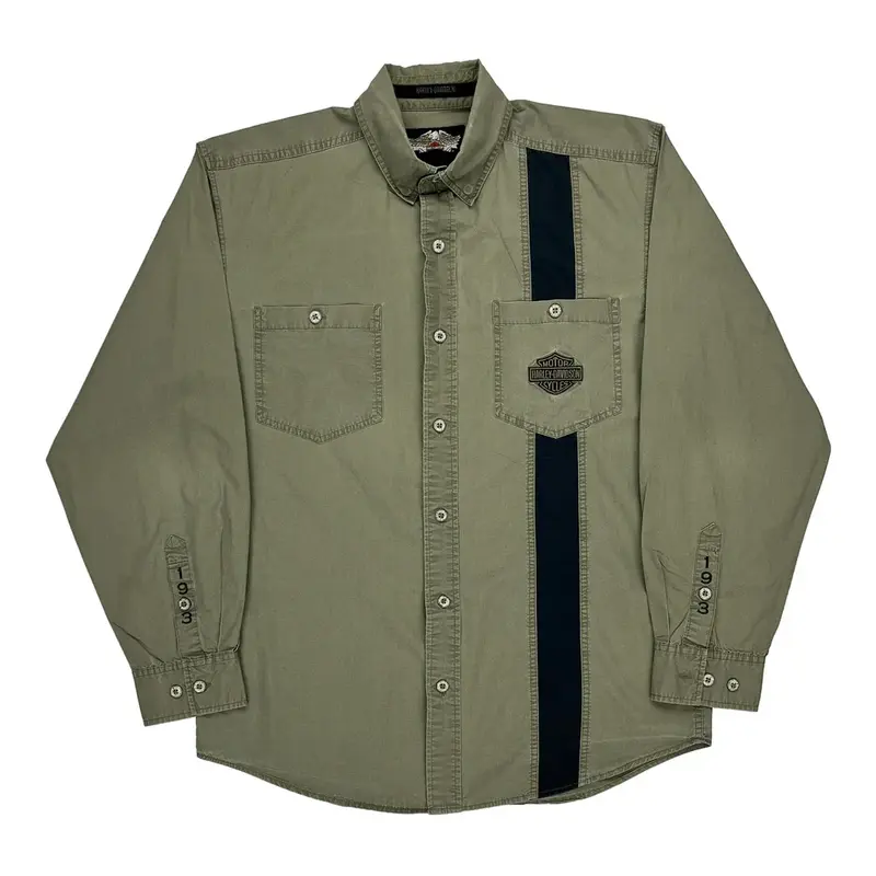 Harley Davidson Graphic Denim Shirt - Medium Green Cotton
