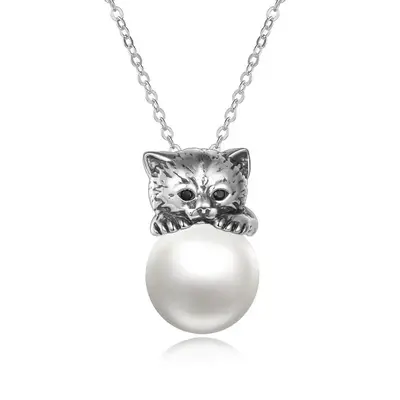 Sterling Silver Pearl Cat Necklace for Women