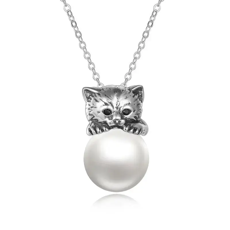 Sterling Silver Pearl Cat Necklace for Women