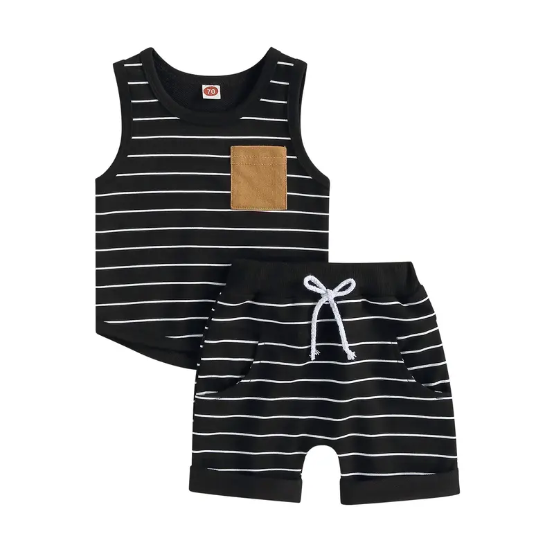 Kids Baby Boy Summer Outfits 0-4 Years  Striped Sleeveless Tank Tops and Stretch Casual Shorts with Pocket Set