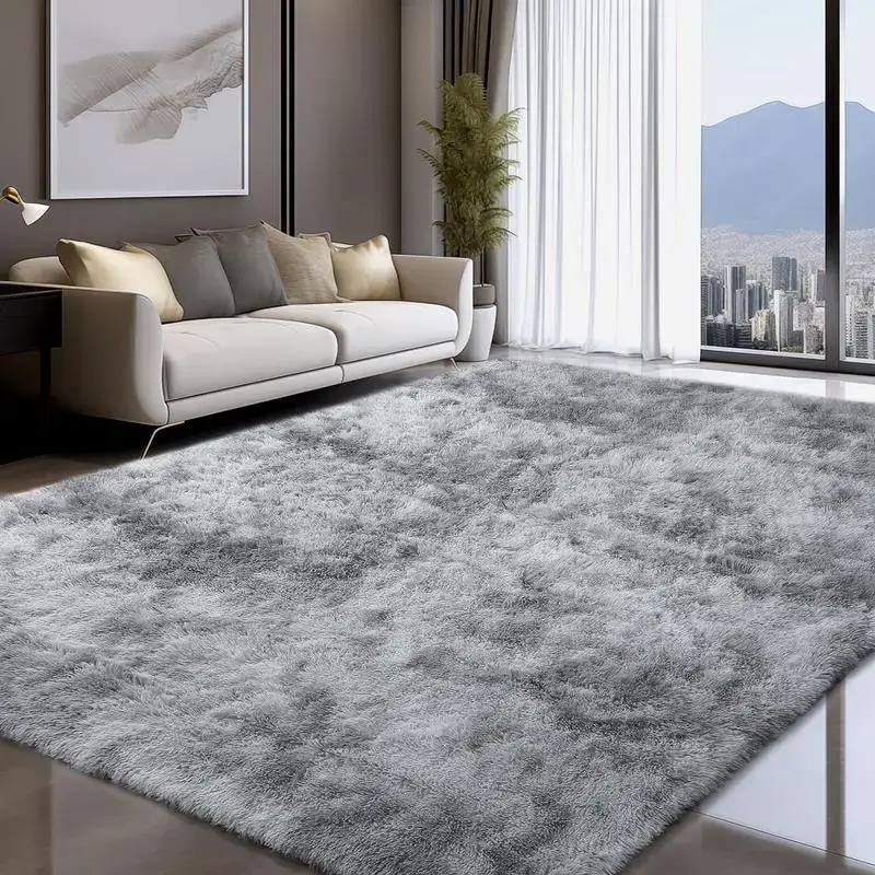 Modern Long Pile Polyester Fiber Rug, Rectangular Carpet for Living Room & Bedroom, Home Use, Multiple Sizes Available, Machi...