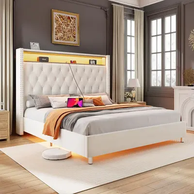 [Restock Sale] AMERLIFE LED Bed Frame with USB Ports and Motion Activated Night Light, Upholstered Bed Frame with Storage But...