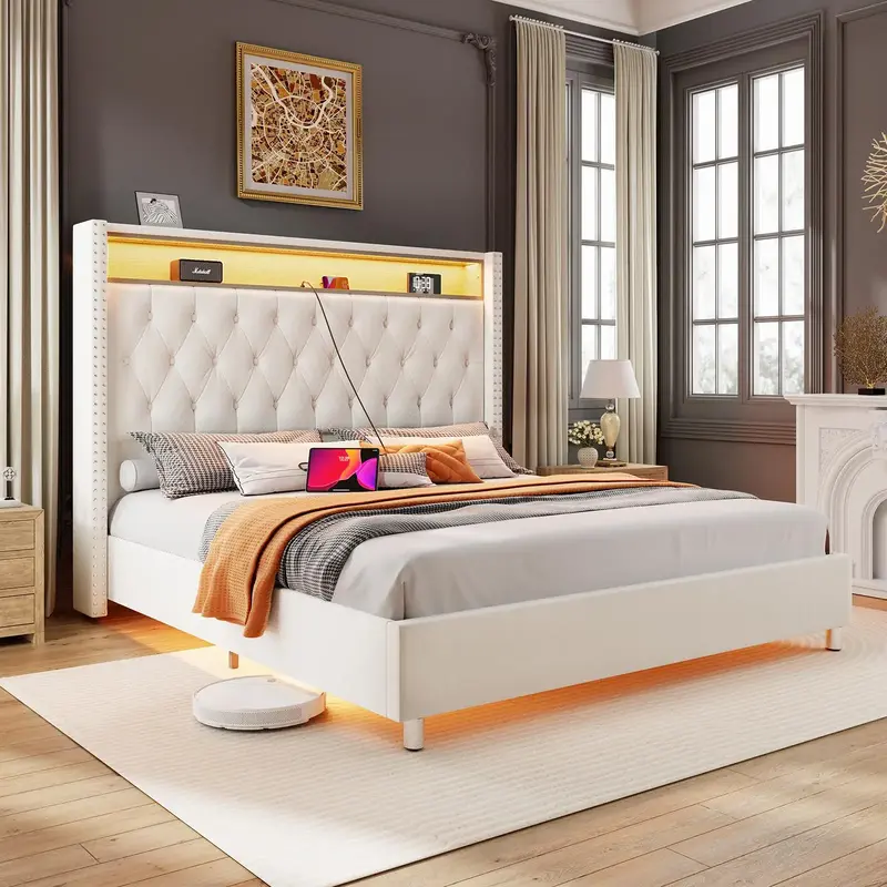 [Restock Sale] AMERLIFE LED Bed Frame with USB Ports and Motion Activated Night Light, Upholstered Bed Frame with Storage But...