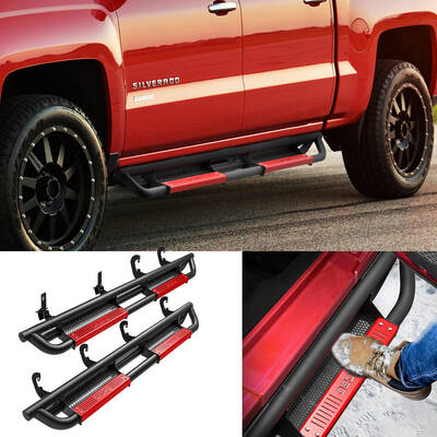 OEDRO® Running Boards for 2007-2018 Chevy Silverado/GMC Sierra 1500 Crew Cab & 2007-2019 2500/3500HD,  Black and Red Side St...