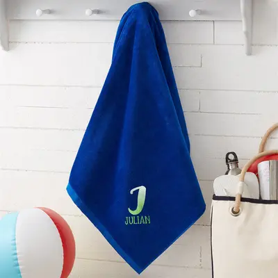 Blue Embroidered Ombre Initial Beach Towel - Aperturee
