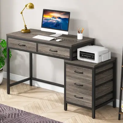 Tribesigns Industrial Computer Desk with 5 Drawers, Home Office Desks with Reversible Drawer Cabinet Printer Stand, Rustic St...