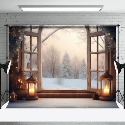 Aperturee Blurry Snowy Scene Candlelight Christmas Backdrop - Aperturee