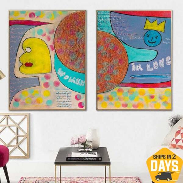 Set of Two Paintings On Canva Woman in Love Wall Art Handmade Textured Colorful Painting Gift Child Nursery Room Decor | WOMA...