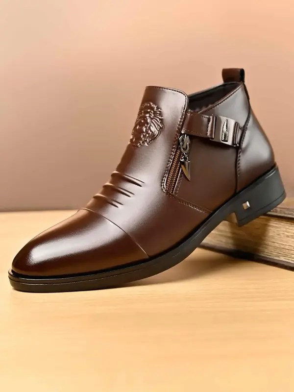 Men's Business Formal Lions Head Decor Zipper Boots, Fashionable Comfortable Shoes for Work Office, Male All-match Shoes for ...